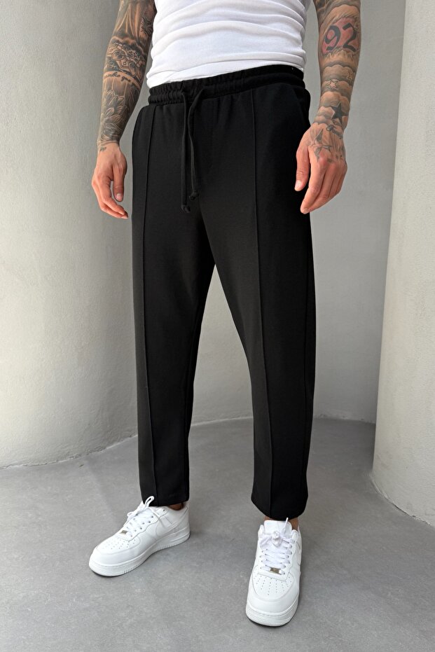 Waffle Fabric Grass Detailed Boyfriend Men's Black Jogger Pants Mz5036