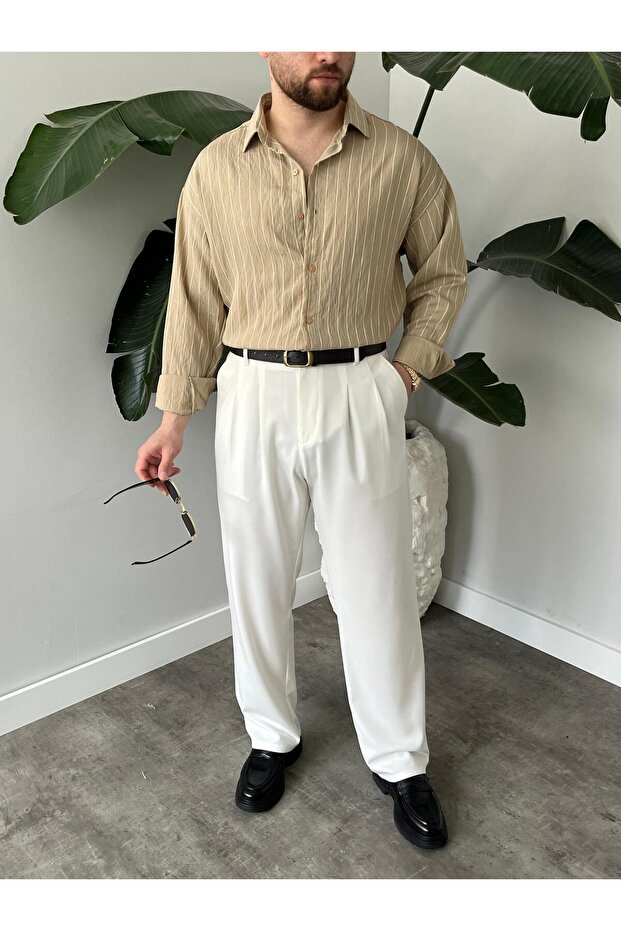 Erkek Oversize Çizgili Modal Gömlek - 6