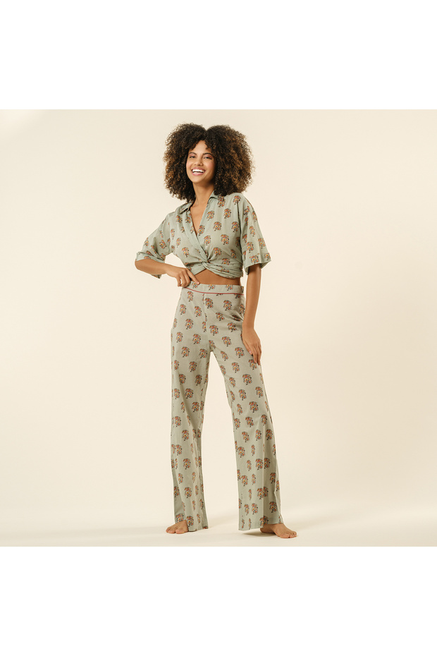 Gaya Hand Print Cotton Trousers - Green