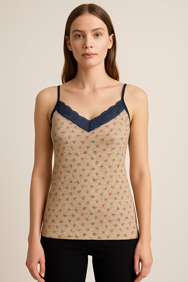 Çiçek Desenli Dantelli Atlet - 1