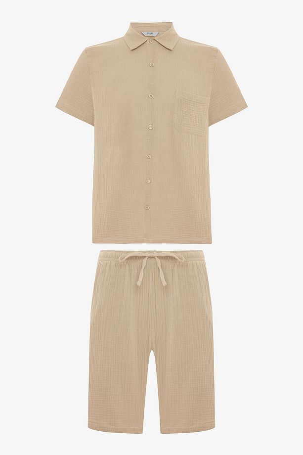 Beige Gömlekli Pijama Takımı - 1
