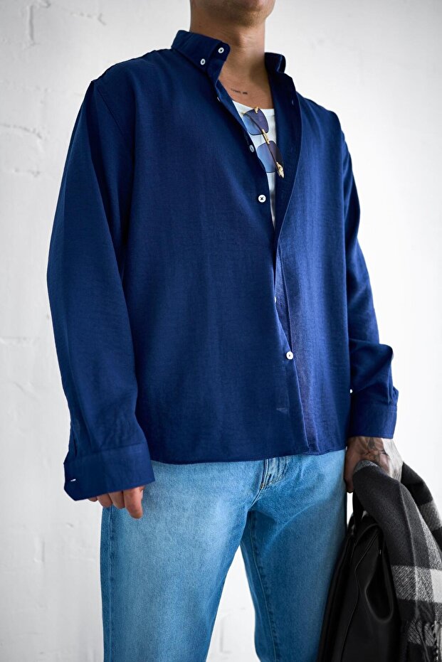 Erkek Oversize Basic Rahat Gömlek Lacivert - 3