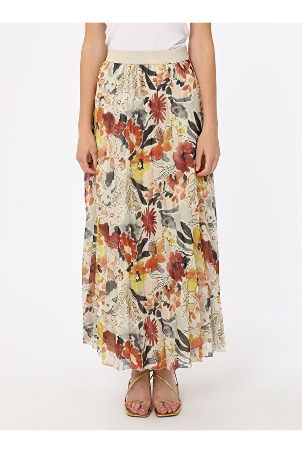 تنورة شيفون بطيات - برتقالي منقوش - رفقة - 5