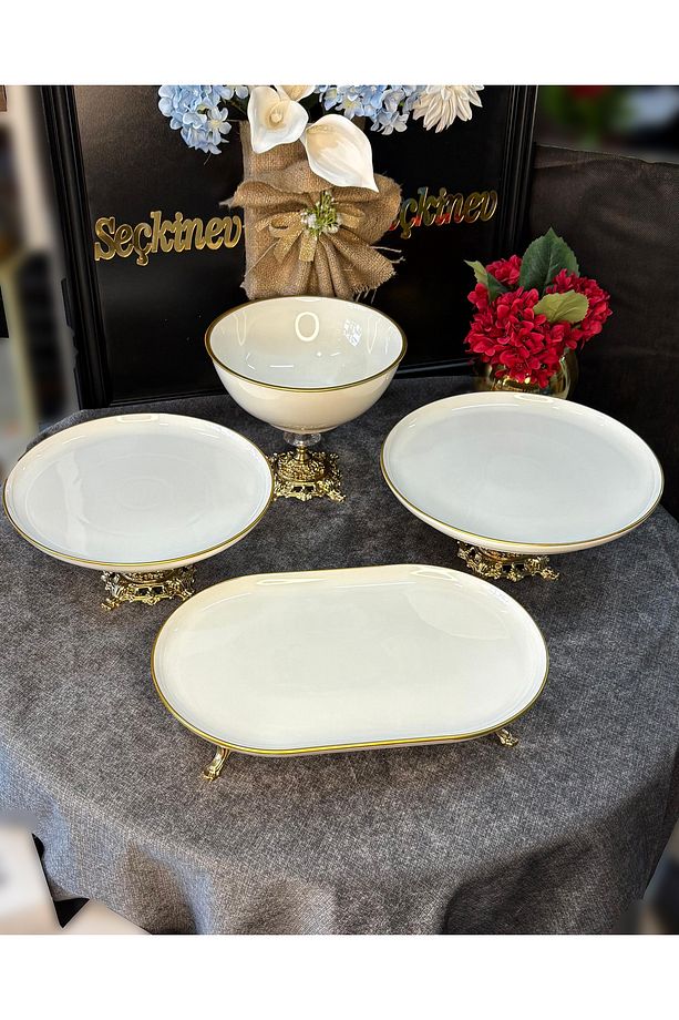 İmperia Kırık Beyaz Ayaklı Gold Detaylı 4 Parça Porselen Sunum Tabağı Set - 1