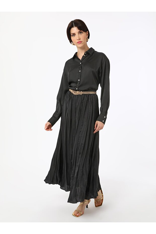 Kırışık Efektli Piliseli Etek - Siyah - Refka - 4