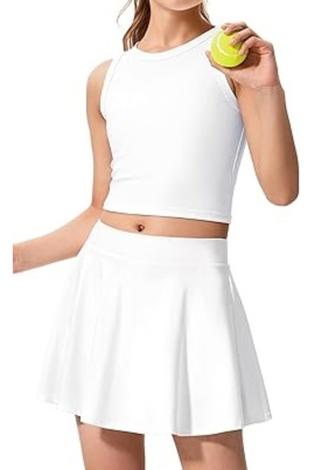 White High Waist Girls' Tennis Skirt with Darkalıp Inner Tights and Pockets, Lady Kids' Sports Skirt