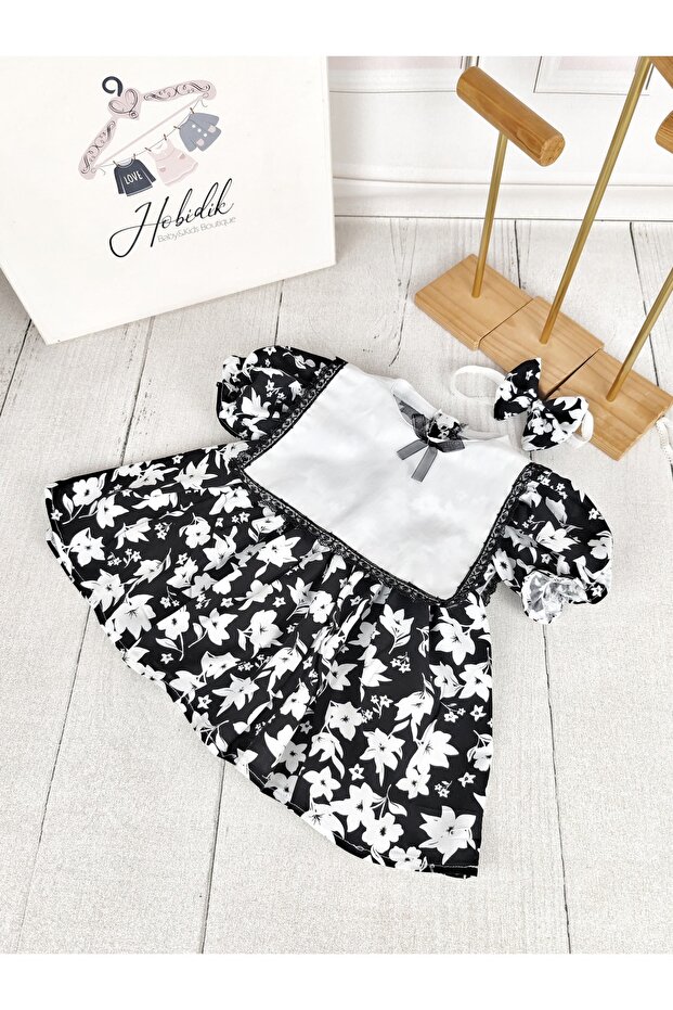Black and White Collared Floral Dress with Apron Detail
