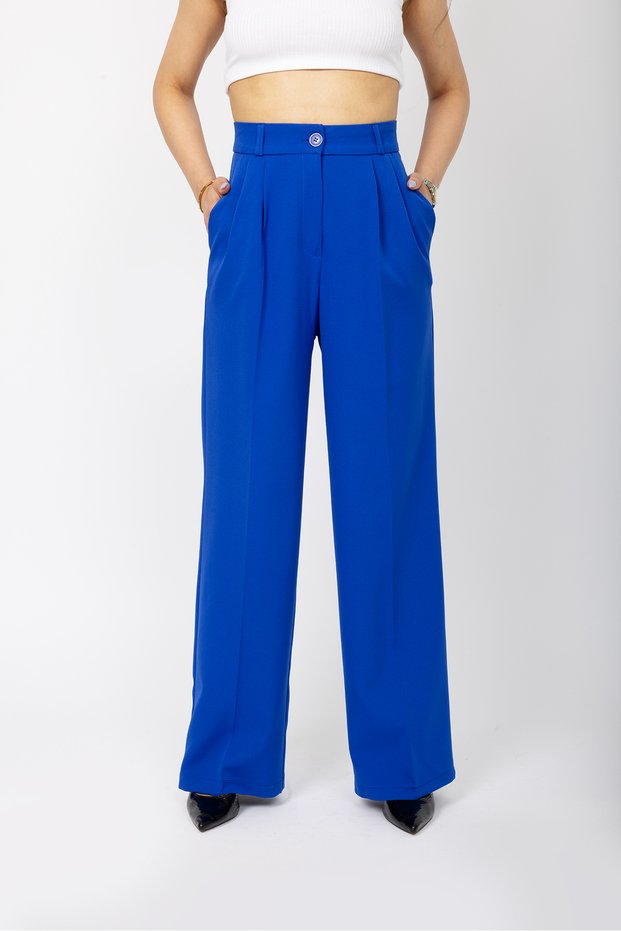 Women's Cobalt Blue High Waist Pleated Palazzo Fabric Pants Drl-100078236