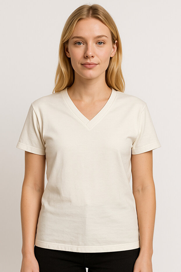 100% Cotton Women's Combed Modal Overlay V-Neck Slit Detailed T-Shirt