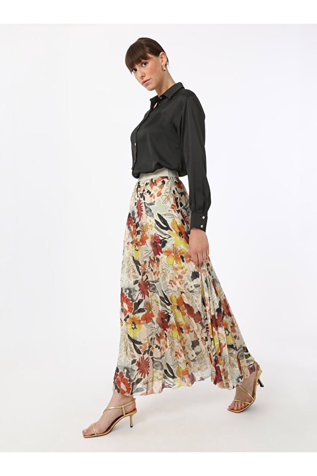 تنورة شيفون بطيات - برتقالي منقوش - رفقة - 2