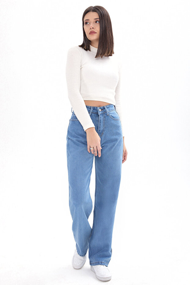 Wide Leg High Waist Jeans - 23664-Blue