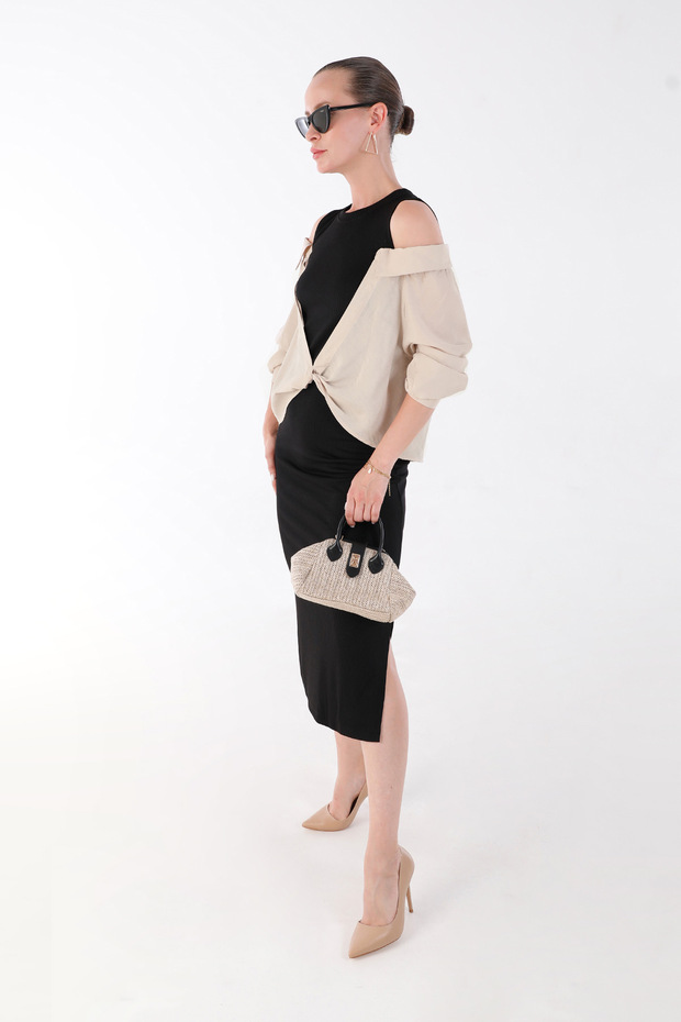 Basic Gömlek Detaylı Yırtmaçlı Elbise - 1