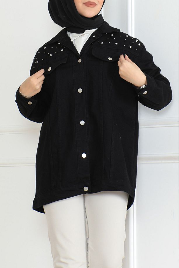 Kadın Oversize Gömlek Yaka Omuz Taşlı Kot Ceket - 26616 - 3