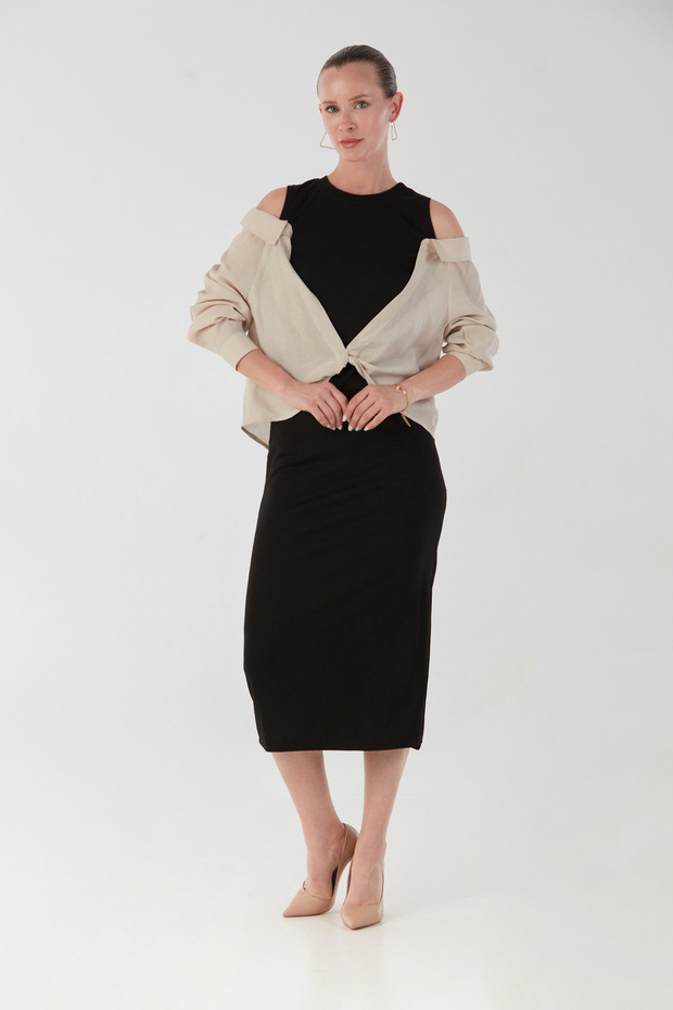 Basic Gömlek Detaylı Yırtmaçlı Elbise - 5