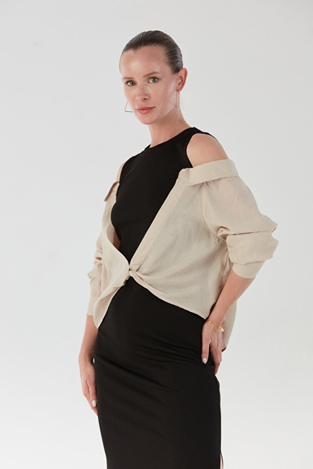 Basic Gömlek Detaylı Yırtmaçlı Elbise - 4