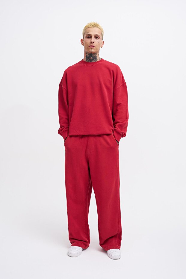 Erkek Yıkamalı Basic Baggy Kırmızı Eşofman Altı - 5