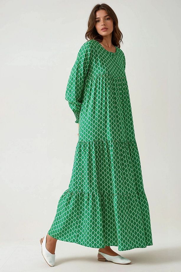 Desenli Yuvarlak Yaka Viskon Modest Elbise - 4