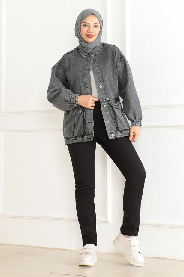 Kadın Oversize Körüklü Cep Kot Ceket Antrasit - 26578 - 7