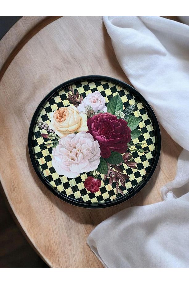 Damalı Yuvarlak Tepsi 28cm Sunum Dekoratif Ev Sofra Mutfak Çay Kahve Tepsi - 3