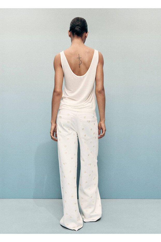 Wideleg çiçek işlemeli jean - 4