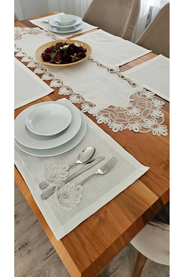 French Lace American Set with Linen Texture -6 People, 7 Pieces