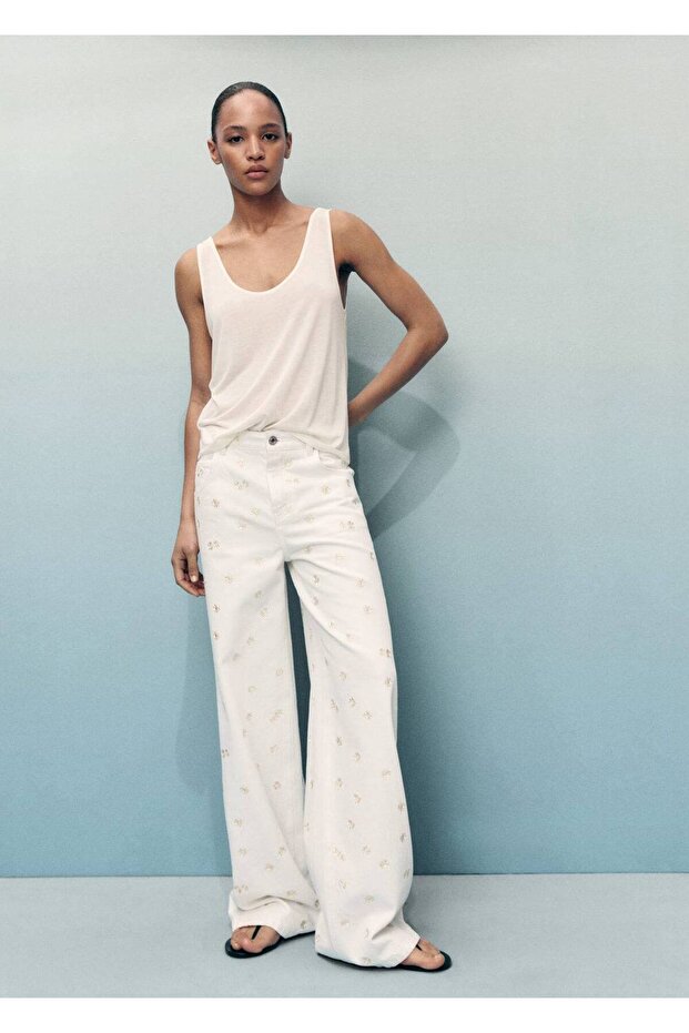 Wideleg çiçek işlemeli jean - 2