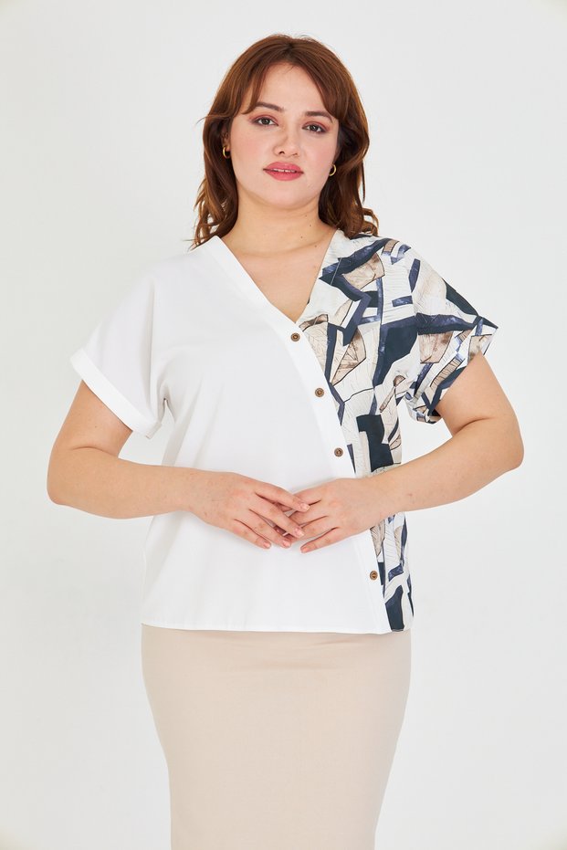 Women S V-Neck Asymmetrical Print Blouse with Ornamental Button Detail - for Casual and Stylish Combinations