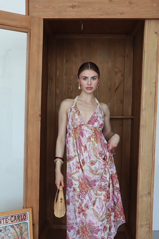Women's Amelia Pattern Chest and Back Low-Cut Rope Detailed Chiffon Maxi Dress