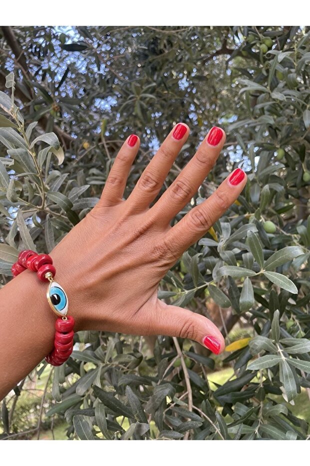 Red Basement Glass Beaded, Porcelain Eye Evil Eye Beaded Bracelet