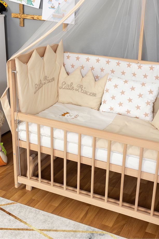 Anne Yanı Bebek Beşik - Ahşap Beşik - Yeni Doğan Beşik 60x120 - Krem Prenses (KIZ) Uyku Seti Yatak - 2