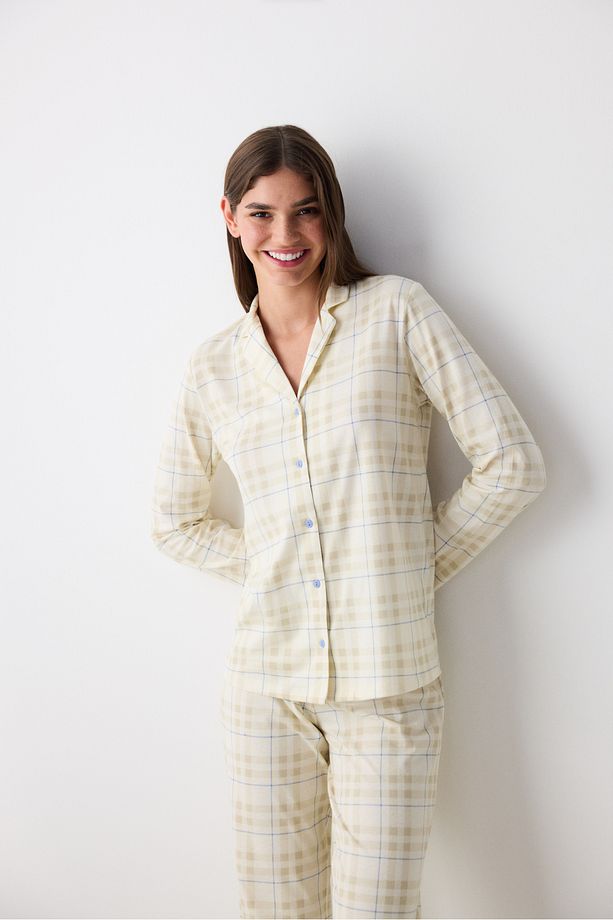 Pamuklu Ekru Checked Ekru Gömlek Pantolon Pijama Takımı - 5