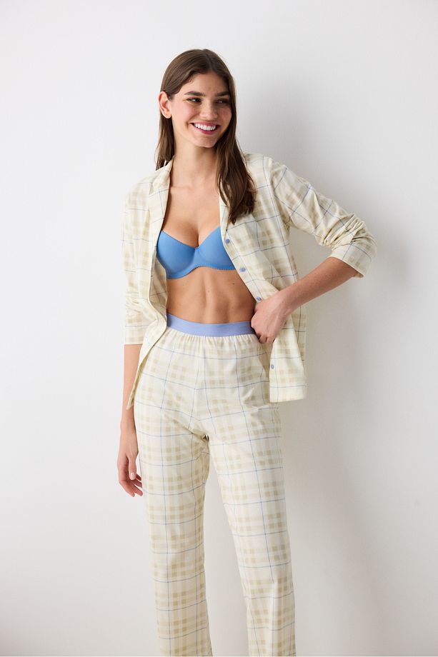 Pamuklu Ekru Checked Ekru Gömlek Pantolon Pijama Takımı - 3