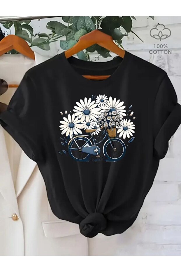 Navy Blue Floral Bicycle Printed Cotton Combed Black T-Shirt