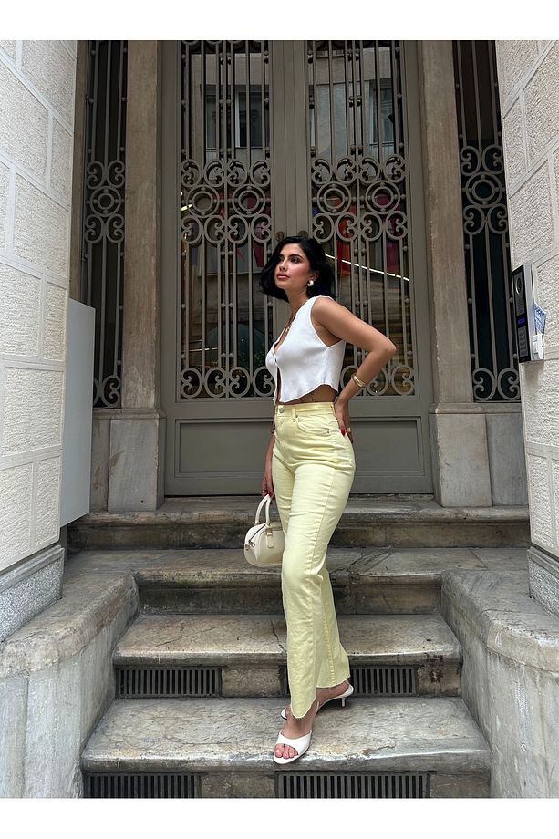 MARKA MODEL BOYFİT YIKAMALI SARI PANTALON - 3
