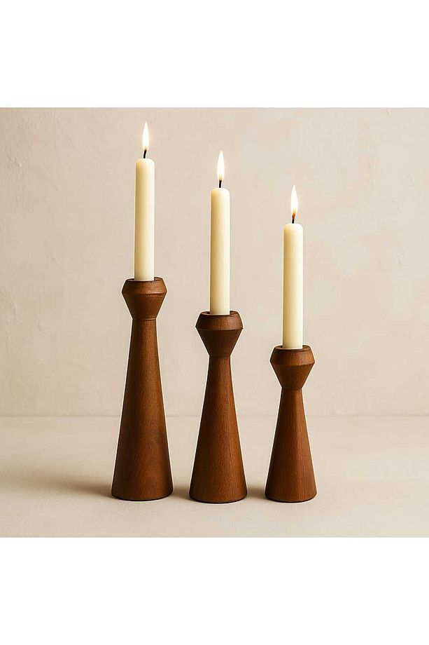 Doğal Ahşap Kahve Şamdan Seti 20cm & 17.5cm & 15cm , El Yapımı, Rustik Dekoratif 3'lü Mumluk Modern - 4