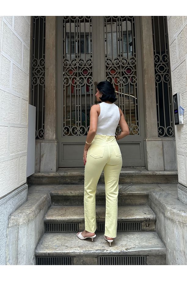MARKA MODEL BOYFİT YIKAMALI SARI PANTALON - 2