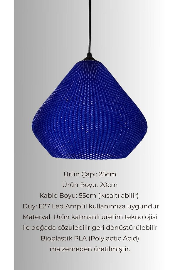 Gruis Lacivert mavi Avize, Mesh yüzey Otantik Tasarım Tekli Sarkıt Avize (Bioplastik) E27 - 4