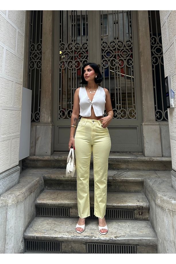 MARKA MODEL BOYFİT YIKAMALI SARI PANTALON - 7