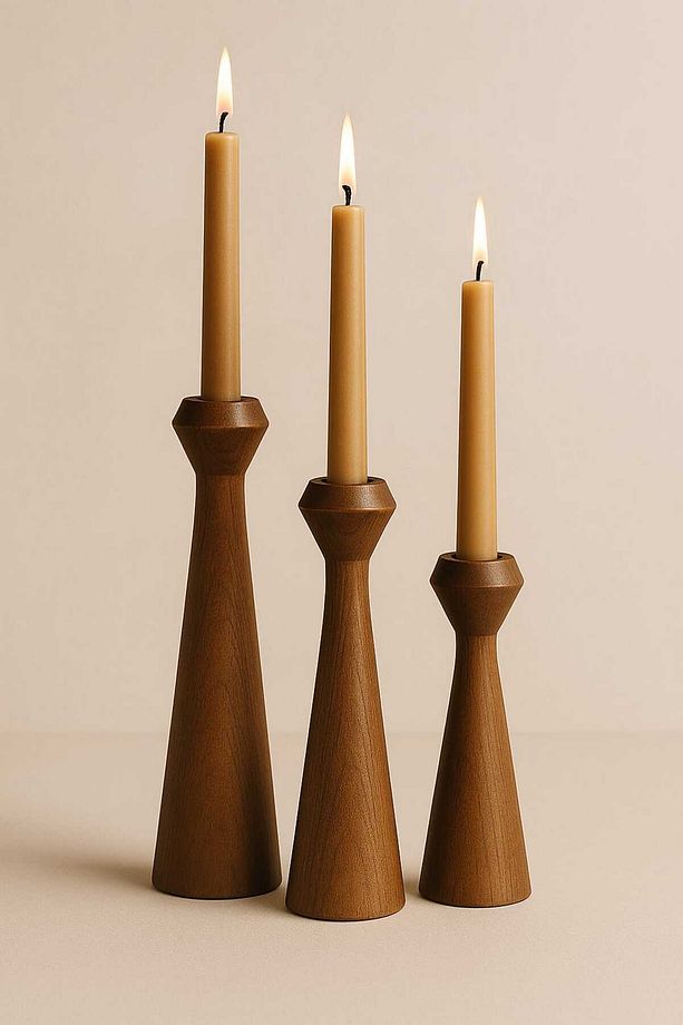 Doğal Ahşap Kahve Şamdan Seti 20cm & 17.5cm & 15cm , El Yapımı, Rustik Dekoratif 3'lü Mumluk Modern - 2