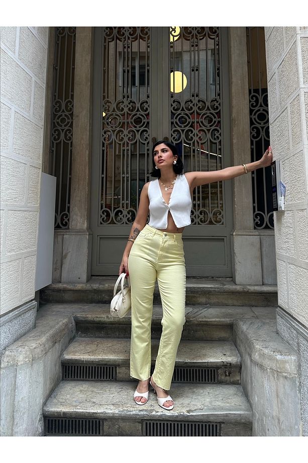 MARKA MODEL BOYFİT YIKAMALI SARI PANTALON - 5