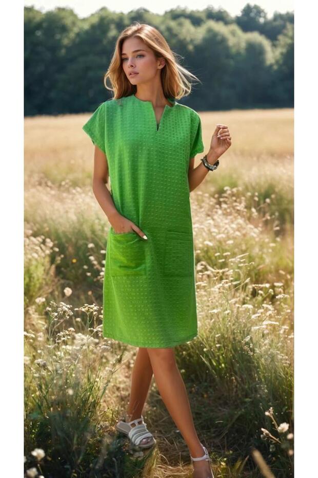 Women's Light Green Special Textured Fabric Daily Wearable Summer Pocketed Midi Dress 700-3655264