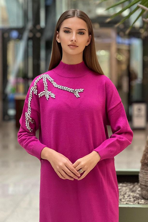 Omuzu Taş Işlemeli Triko Elbise - 3