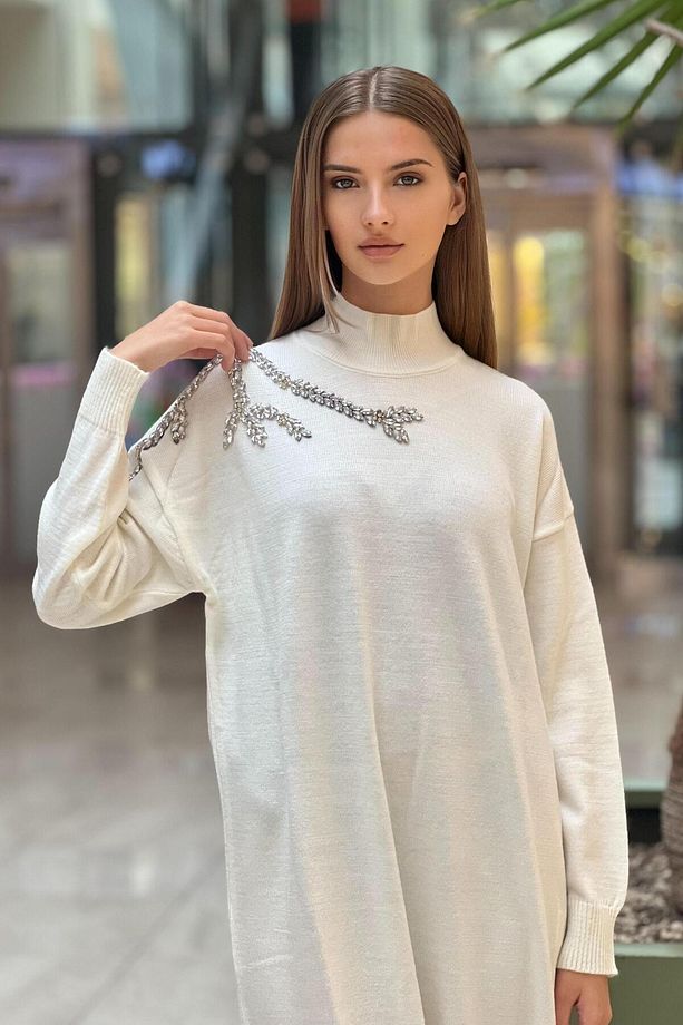 Omuzu Taş Işlemeli Triko Elbise - 3