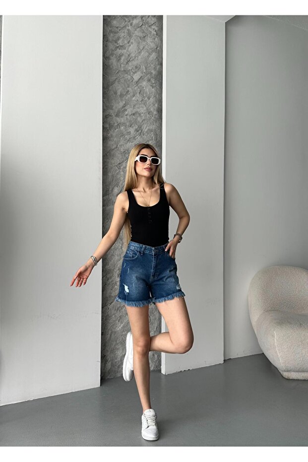 Trend Tint Washed Distressed Effect Baggy Jean Denim Bermuda Roller Shorts