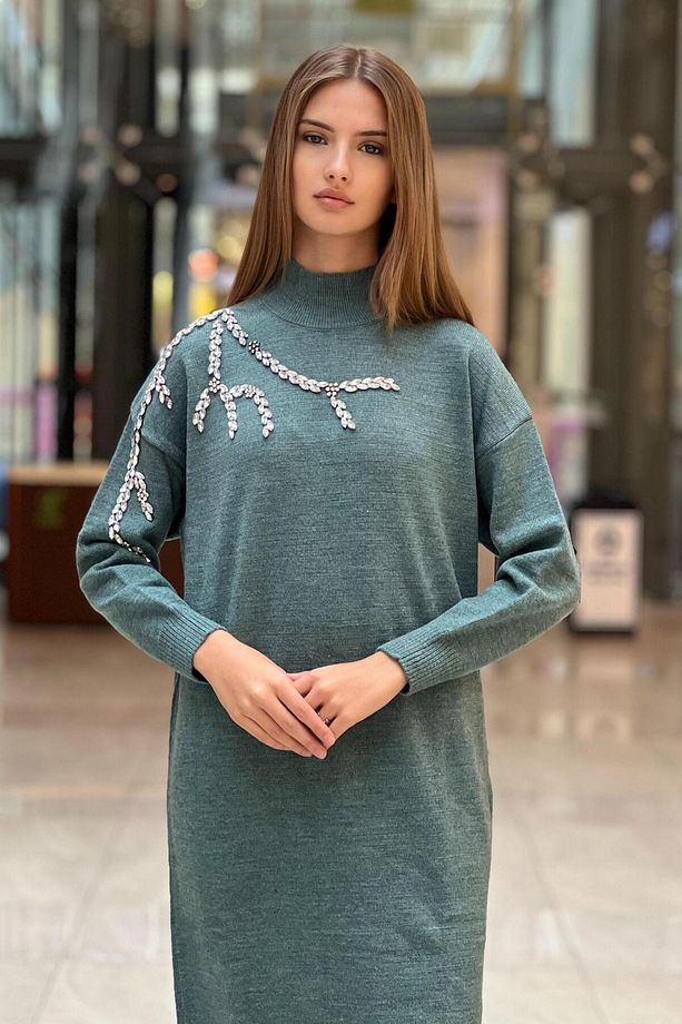 Omuzu Taş Işlemeli Triko Elbise - 3
