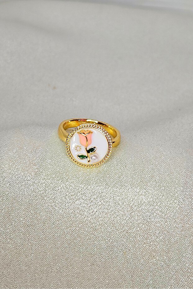 Steel Salmon Color Tulip Minimal Round White Art Ring, Adjustable with Frame, Non Tarnish Ring