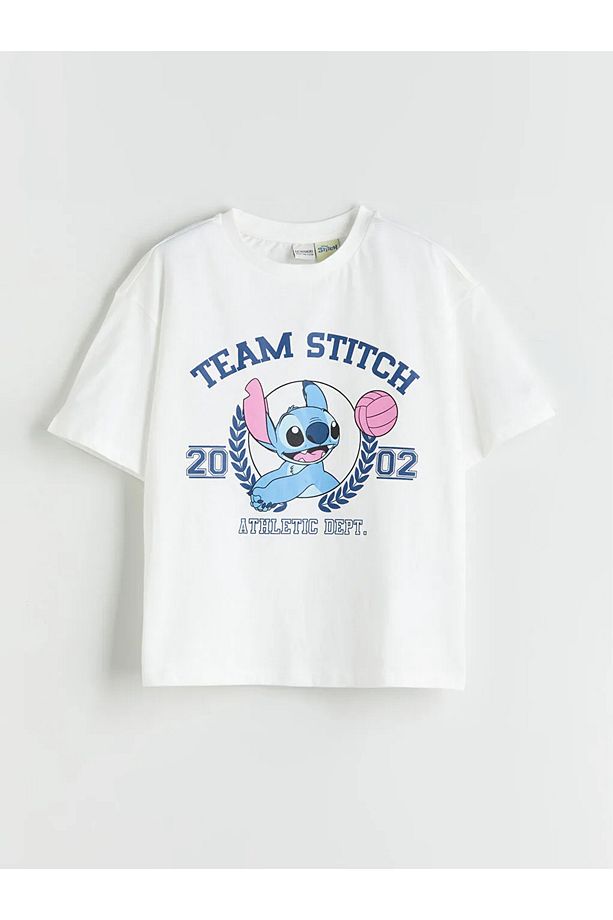 LCW Kids Ekru Bisiklet Yaka Stitch Baskılı Kız Çocuk Tişört ve Şort - 2