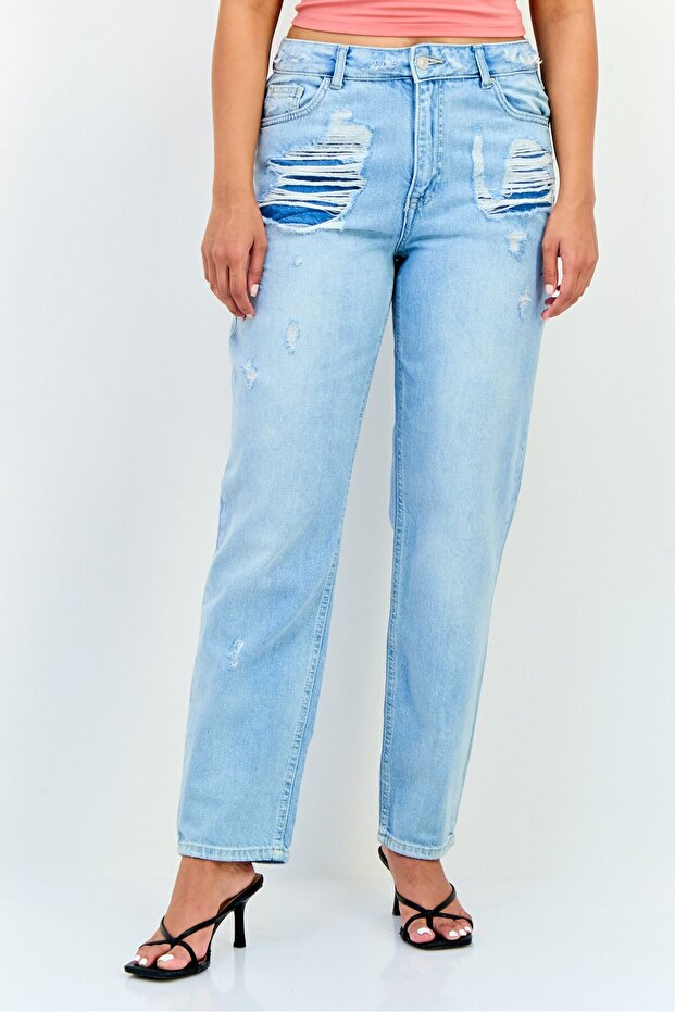 Women Regular Fit Low Waist Rip No Stretch Jeans, Wash Blue
