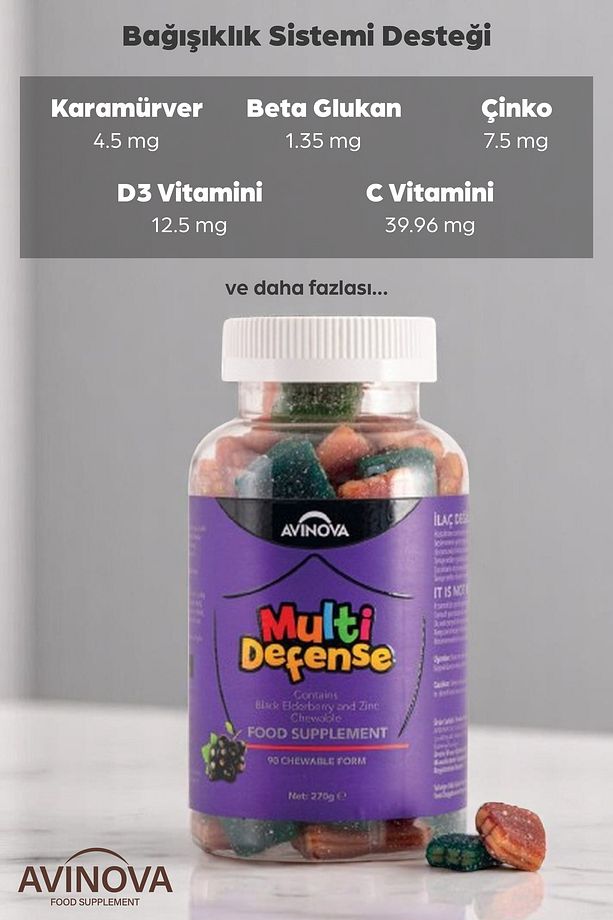 MULTİDEFENSE Çocuklar İçin Çiğnenebilir Form, Kara Mürver (Sambucus) Çinko, C, D3 Vitamini ve Biotin - 3