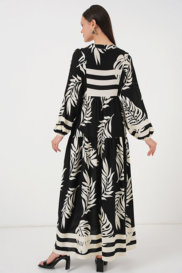 2423 Otantik Desenli Tesettür Elbise - Siyah 12 - 6